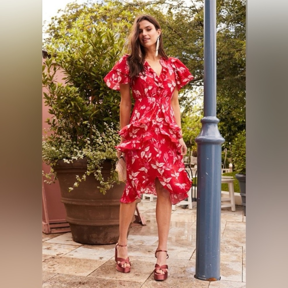 TALULAH La Maison Pollen Red Leaf Print Midi Dress